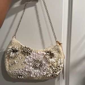 Elegant Floral Embellished Cream Bag